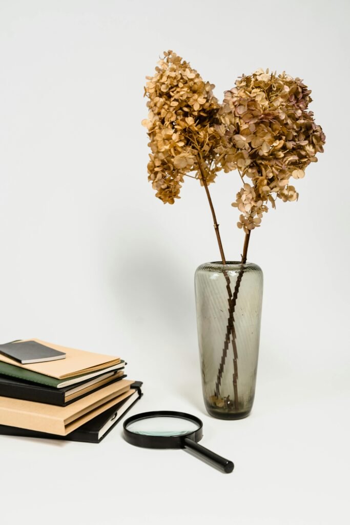 A minimalist arrangement featuring dried hydrangeas in a vase next to books and a magnifying glass.